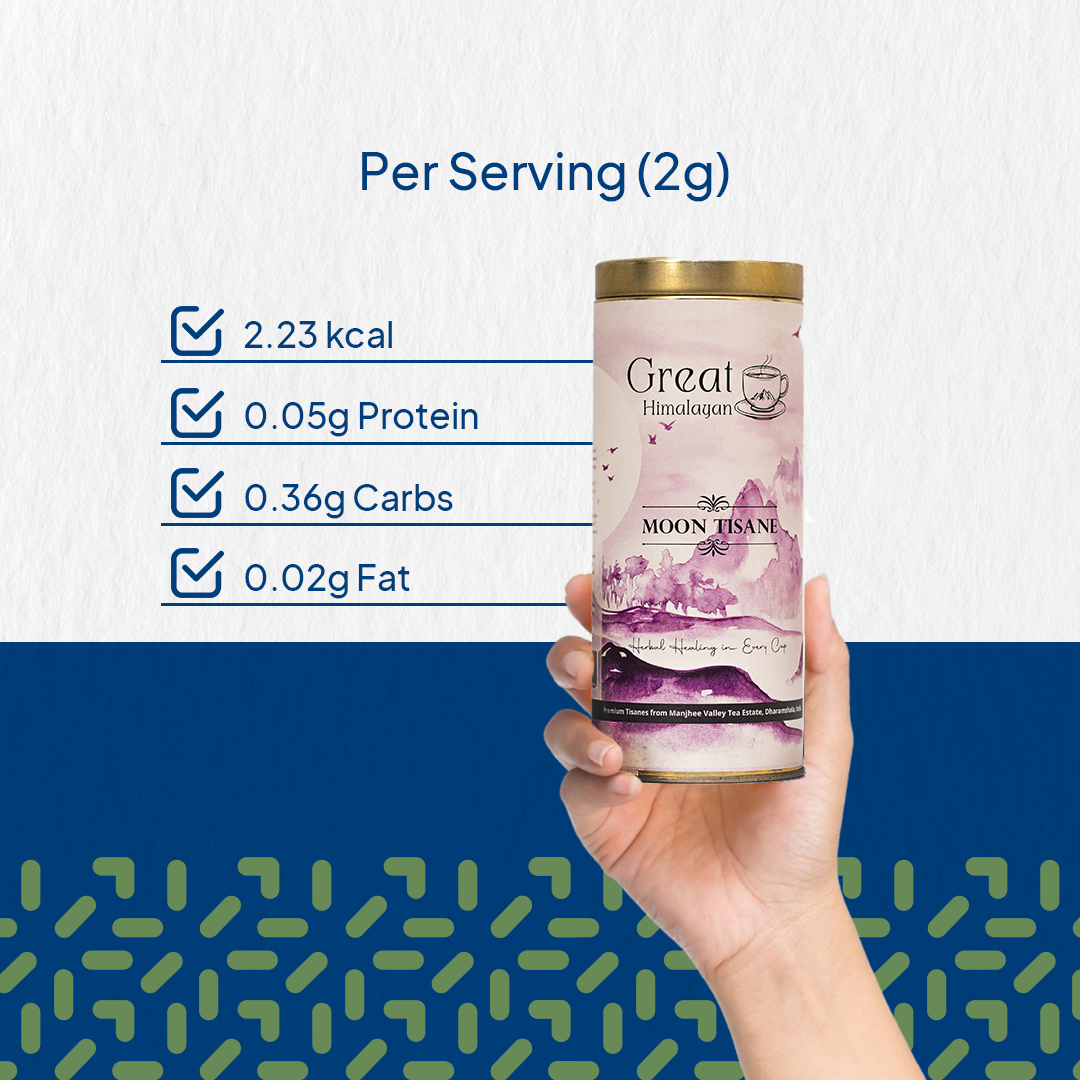 Great Himalayan' Moon Tisane canister with nutritional 